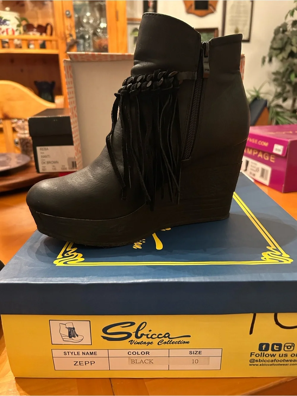 Sbicca Black Fringe Platform Wedge Ankle Boot